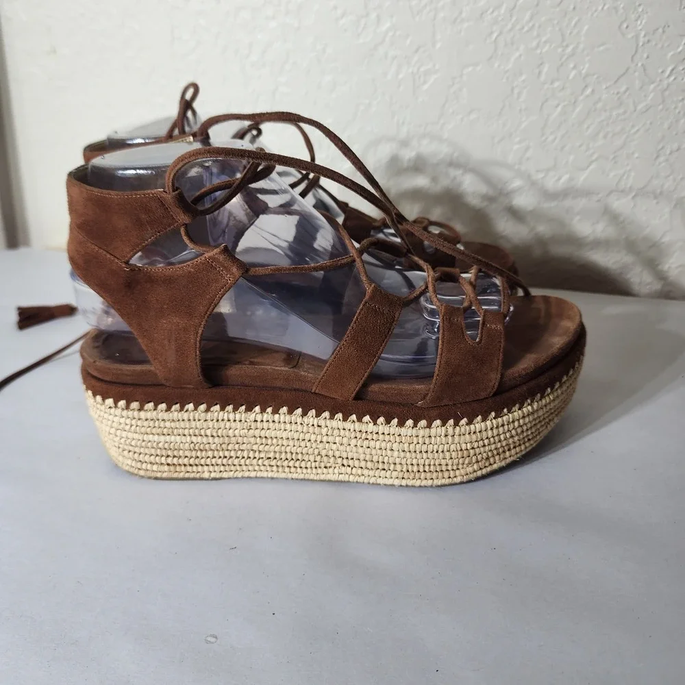 Stuart Weitzman Brown Suede Lace Up Espadrille Platform Sandals Tassel  8M